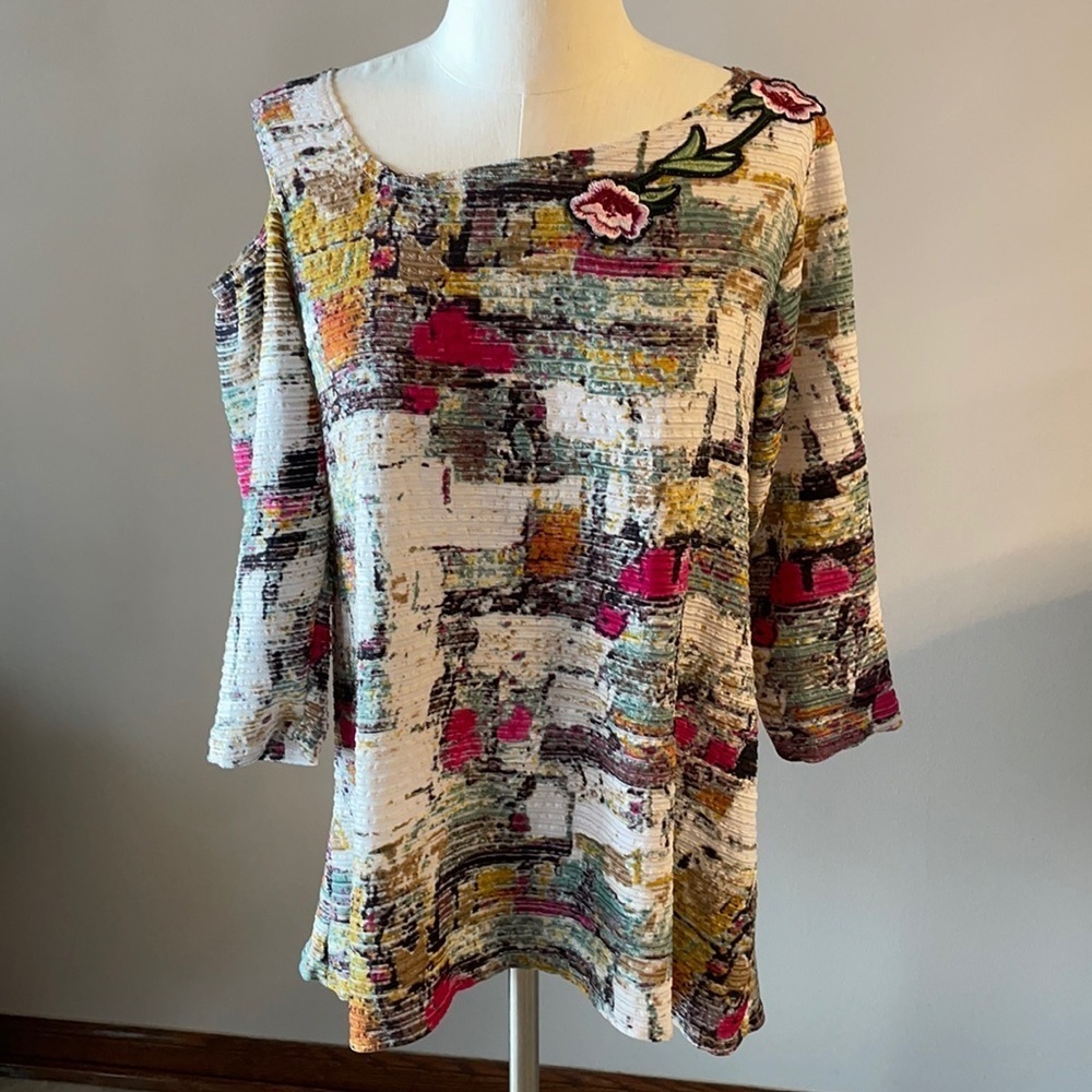 MISHCA one cold shoulder multi color women TOP A-line. Embroidery SZ L